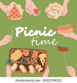 Picnic en el parque. la gente comparte deliciosa comida, frutas, verduras, pasteles, bollos, pizza. Tarjetas. Espacio de fondo para el texto. Vista desde arriba. Diseño plano. Ilustración de vector