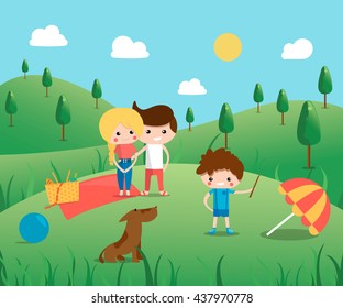 Picnic in the park scene with happy family. Mother and father, little son is playing with dog, vector illustration