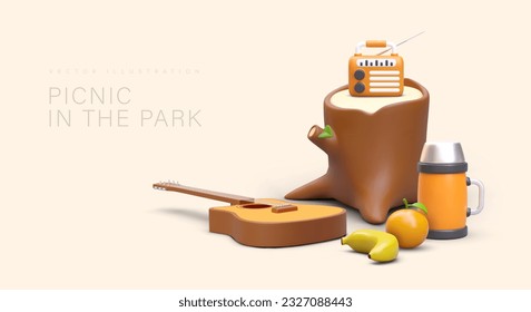 Picnic in park. Scene of tourist life. 3D stump, radio, thermos, guitar, orange, banana. Delicious healthy snack. Rest with music. Color poster with place for text