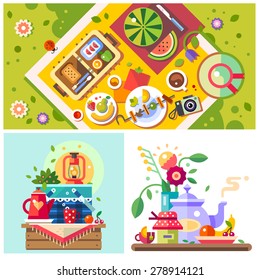 Picnic In The Park. Sunny Day In The City. Good Mood. Breakfast On The Nature. Meeting With Friends, Family Holiday. Vector Flat Illustration