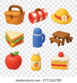 Picnic in the Park Vector Icon Set | 3D icon set |  picnic basket,  picnic blanket, sun hat,  sandwich, thermos, picnic table and benches, red apple, bottle of orange juice, slice of cake 