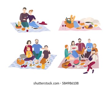 Picnic In Park, Vector Illustration Set. Couple, Friends, Family, Outdoors. People Recreation Scene In Flat Style. 