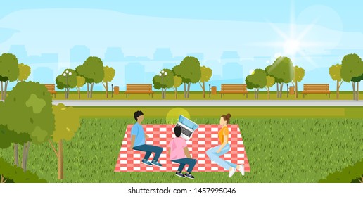 Picnic park Vector. People playing, enjoying BBQ and leisure time. Flat style