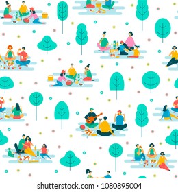 Picnic In Park, Vector Seamless Pattern. Couple, Friends, Family, Outdoors. People Recreation Scene In Flat Style