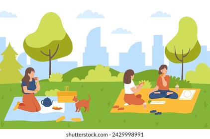 Picnic in park. Woman drinking tea and eating cookies on fresh air. Female friends sitting on blanket eating pizza and drinking juice. Characters spending leisure time together vector