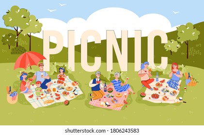 Picnic party banner or poster design with groups of people in park, flat cartoon vector illustration. Summer picnic tradition to eat outdoor with family and friends.