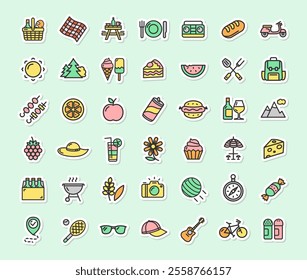 Picnic Party with Bbq Concept Sticker Color Thin Line Icon Set Include of Different Activities Elements, Barbecue Grill, Fruit and Drink . Vector illustration