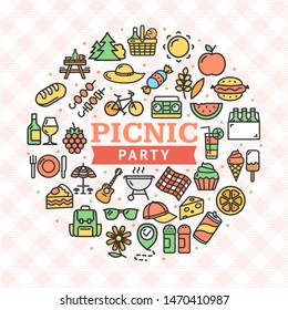 Picnic Party with Bbq Round Design Template Thin Line Icon Concept Frame or Border for Ad. Vector illustration