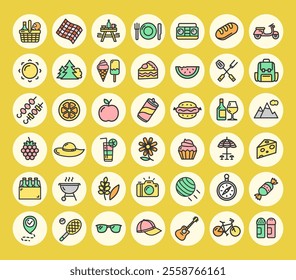 Picnic Party with Bbq Sign Color Circles Thin Line Icon Set Include of Forest, Mountain Place Area and Equipment. Vector illustration of Icons