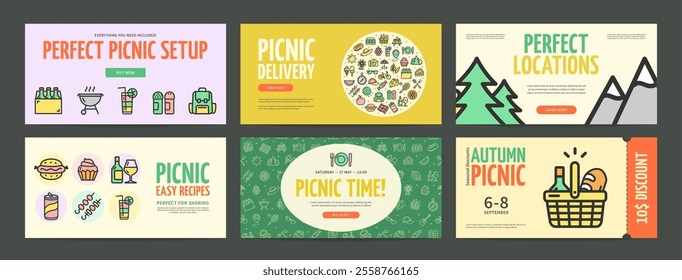 Picnic Party Concept Horizontal Invitation Placard Poster Banner Card Template Set. Vector illustration of Delivery Service and Perfect Locations