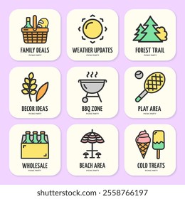 Picnic Party Concept Sign Color Thin Line Icon Labels Set Include of Beach Area, Bbq Zone and Forest Trail. Vector illustration