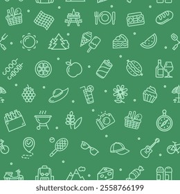 Picnic Party Concept Thin Line Sign Seamless Pattern Background on a Green for Web and App, Graphic Design. Vector illustration