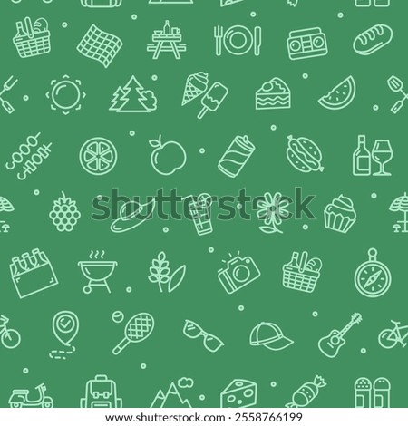 Picnic Party Concept Thin Line Sign Seamless Pattern Background on a Green for Web and App, Graphic Design. Vector illustration