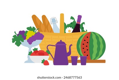 Picnic party. Food, drinks and straw basket - fruits, watermelon, lemonade, wine bottle, bread, flowers. Outdoor, weekend concept. Clean simple style illustration, isolated flat vector composition