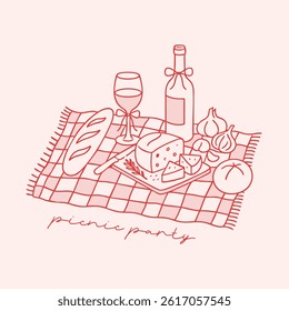 Picnic party Invitation. Coquette hand drawn line art. Postcard in Vintage Style