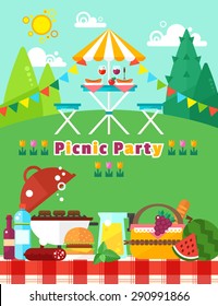 Picnic party landscape in flat trendy style. Vector picnic elements collection: food, fruits, barbecue, hamburger and others. Independence day of America.  Picnic invitation template for your design.