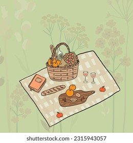 Picnic party in meadow with picnic basket and tree branches. Summer vacation. Hand drawn vector illustration. Picnic barbecue summer leisure vacations food in straw basket.