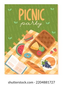 Picnic party poster. Graphic element for website. Food on yellow bedspread, watermelon, cheese, apple, hamburger and donut. Recreation outdoor, weekend leisure. Cartoon flat vector illustration