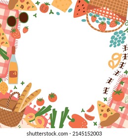 Picnic party poster. Summer picnic party invitation frame cute picnic basket, picnic blanket, food, pizza, lemonade, leisure. Outdoor active rest. Summer vector illustration card. Garden party banner.