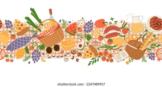 Picnic party seamless border. Summer picnic season food. Cute picnic food seamless background with baskets, roasted sausages, tomatoes, vegetables, fruits. Hand drawn summer food vector illustration.