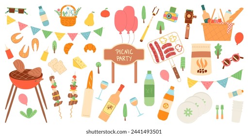 Picnic party set isolated on white background. Spring holiday celebration activity elements. Summer birthday meal in park. Grill, bbq, garland basket with beverages and food. Vector flat illustration.