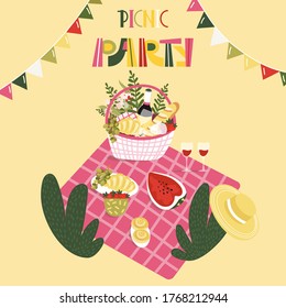 Picnic Party template for poster, card. Wicker Basket with bottle of wine, bread, croissant, fruits on blanket. Invitation card for event on outdoor.