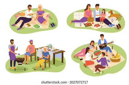 Picnic people. Happy groups young women and men have lunch on nature together, friends sitting in park, family outdoor eat and drink, bbq party, couple romantic date cartoon vector set