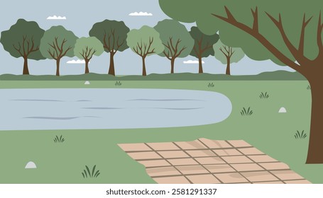 Picnic place in the forest. Lake in the forest. Green space. Grass. Spring season. Summer vacation. Picnic season.