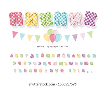 Picnic Plaid Cyrillic Font. Textile Colorful Alphabet. Cute Decorative 3d ABC Letters And Numbers. Vector Illustration