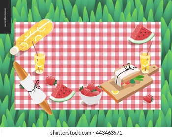 Picnic plaid and snack on green grass template - vector cartoon flat illustration of snack and drink for picnic, on a checkered pink picnic plaid on green grass background