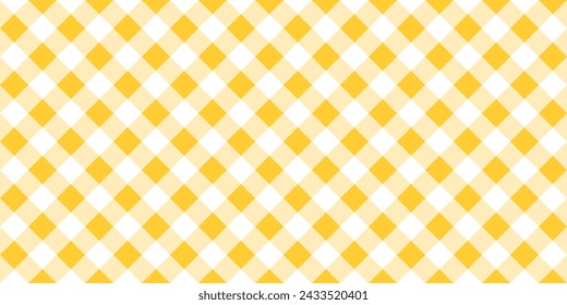 Picnic plaid texture. Diagonal gingham pattern with yellow and white squares. Tablecloth, oilcloth, basket napkin, blanket, handkerchief, kitchen towel print. Flannel, linen or cotton material design.