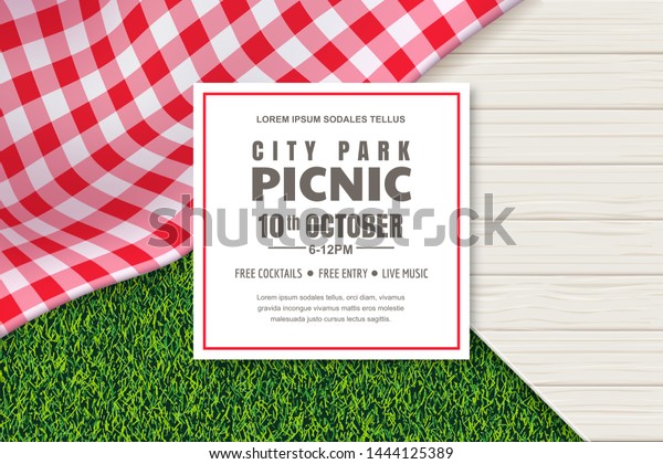 Picnic
poster or banner design template. Vector background with realistic
red gingham plaid or tablecloth, white wooden table and green grass
lawn. Restaurant, cafe menu design
elements.