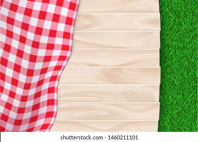 Picnic poster or banner empty background with place for text. Vector realistic illustration of red plaid tablecloth on light wooden table and summer green grass backdrop.