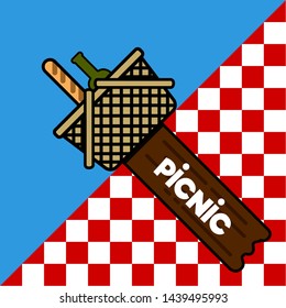 Picnic poster with a basket full with bread and wine bottle - Vector