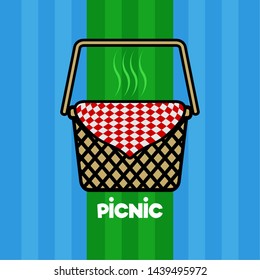 Picnic poster with a basket and a picnic napkin - Vector