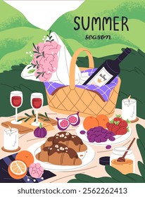 Picnic poster design. Flowers, wine bottle in basket for summer eating at nature. Card with food, fruit, glasses of drink, croissant dish on blanket. Romantic date outdoors. Flat vector illustration