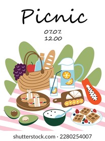 Picnic poster, greeting card with fruits and lemonade on picnic blanket card, hand drawn composition with wicker basket, food and drinks, invitation for outside meal, template with copy space, poster