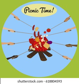 Picnic poster with human hands around campfire