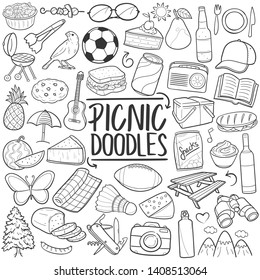 Picnic Recreation Nature. Family and Friends Camper Dinner. Traditional Doodle Icons Sketch Hand Made Design Vector. 