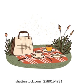 Picnic with a red blanket, cups, dessert, and a picnic bag on a grass. Outdoor dining, relaxation, and nature outings.