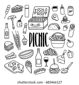 Picnic related hand drawn doodle icons set with basket, food and drinks. Summer BBQ party.
