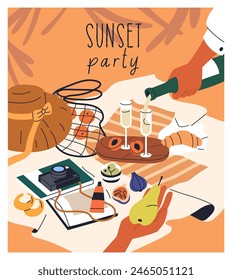 Picnic, romantic summer dinner, eating outdoors at sunset. Champagne and wineglass on blanket, cozy evening date in nature. Camera, croissant, fruits and hat, holiday card. Flat vector illustration