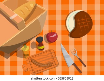Picnic with sausage,steak, ketchup and mustard