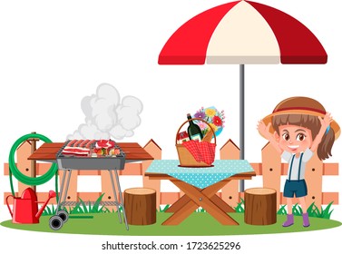 Picnic scene with food on the table and happy girl at the table illustration