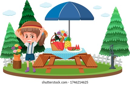 Picnic Scene With Food On The Table And Happy Girl At The Table Illustration