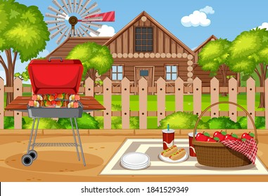 Picnic scene with food on the table and BBQ grill in the garden illustration