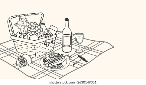 Picnic scene with food, wine and basket. Dolce vita lifestyle illustration for cafe, restaurants menu. Hand drawn sketch illustration, invitation, poster.