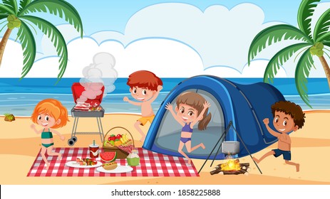 Picnic Scene With Happy Family At The Beach Illustration