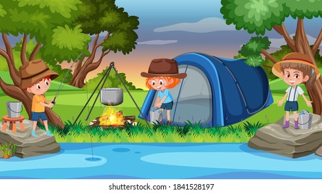 Picnic scene with happy family in the forest illustration