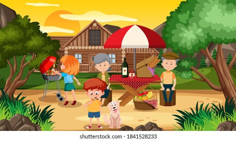 Escena picnic con familia feliz en la ilustración del jardín